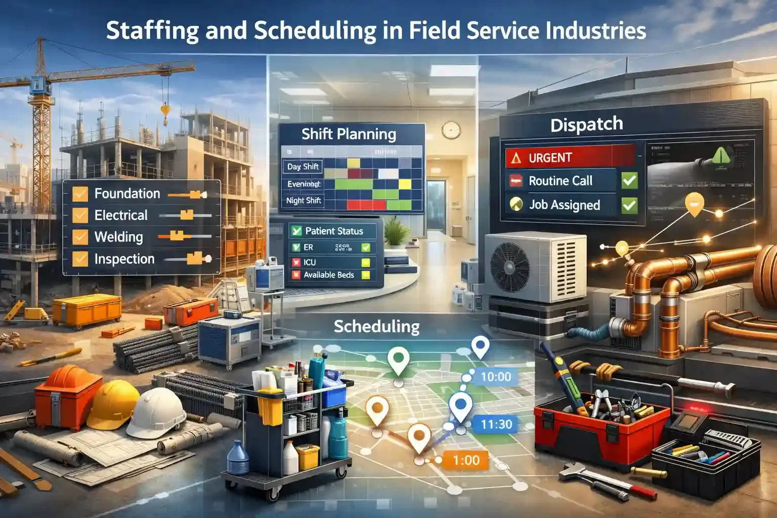 Split scene showing construction, healthcare, cleaning, HVAC scheduling systems
